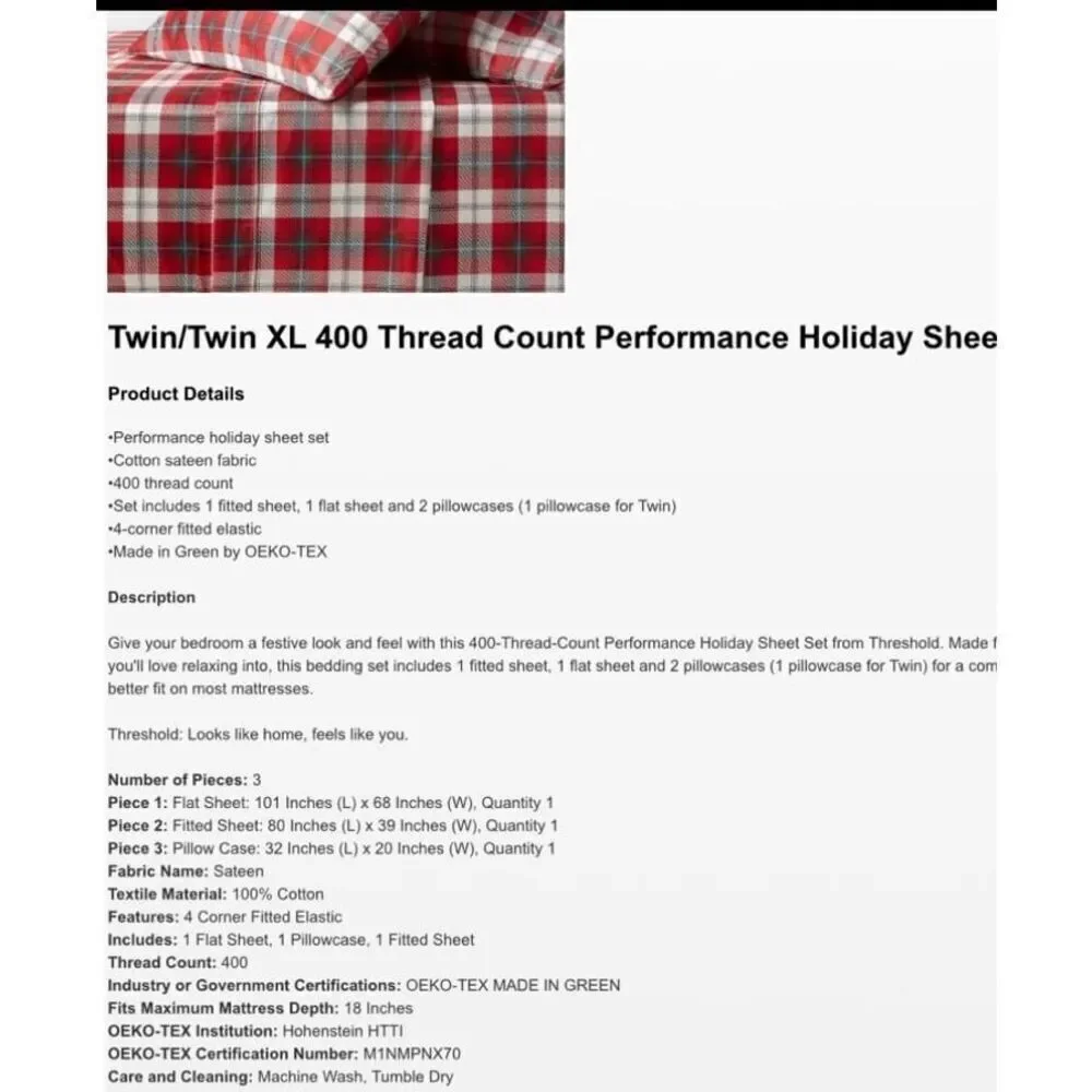 Threshold’s 400 Thread-count Holiday Plaid  Performance Sheet Set